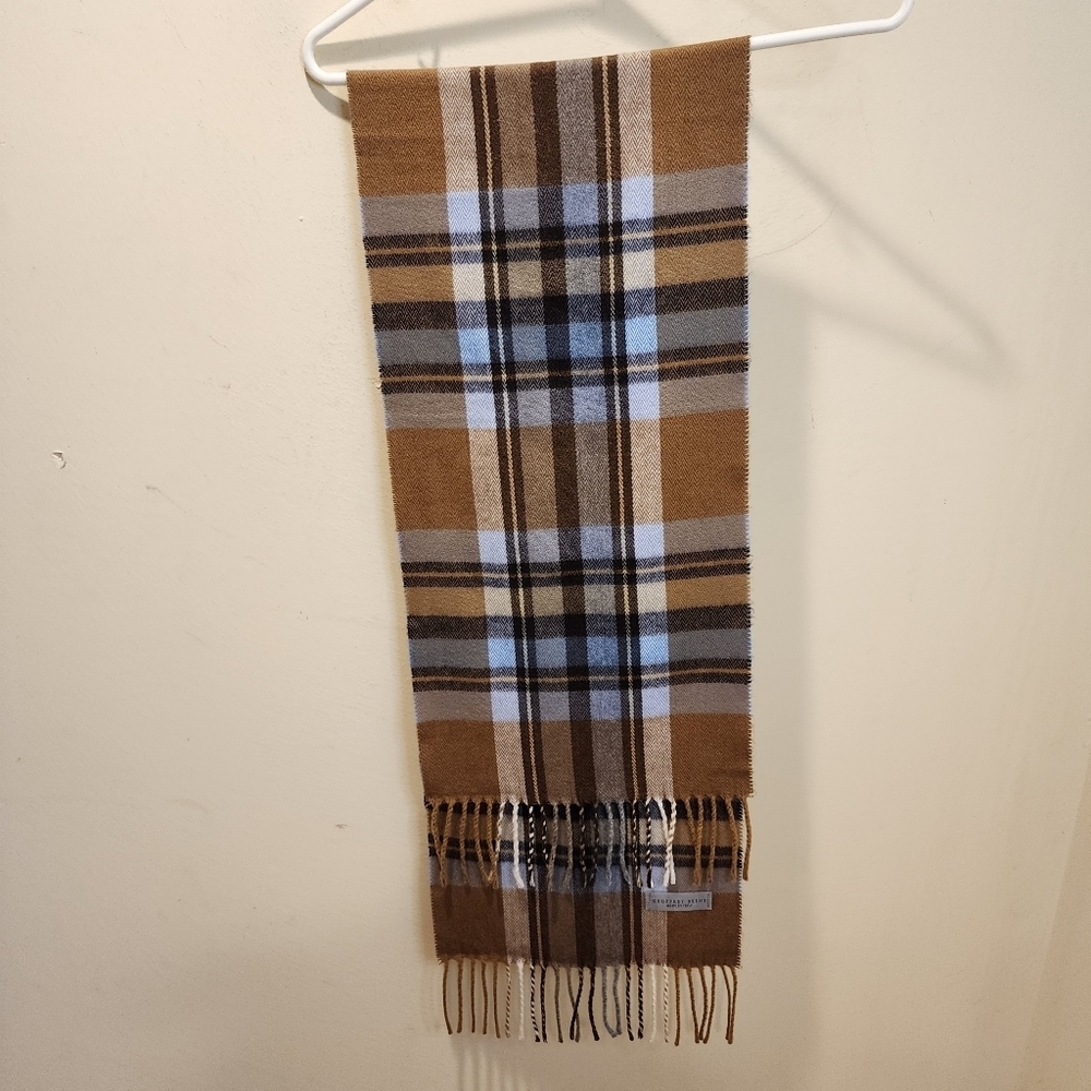 Geoffrey Beene Classic Plaid Fringe Scarf in Brown and Blue
